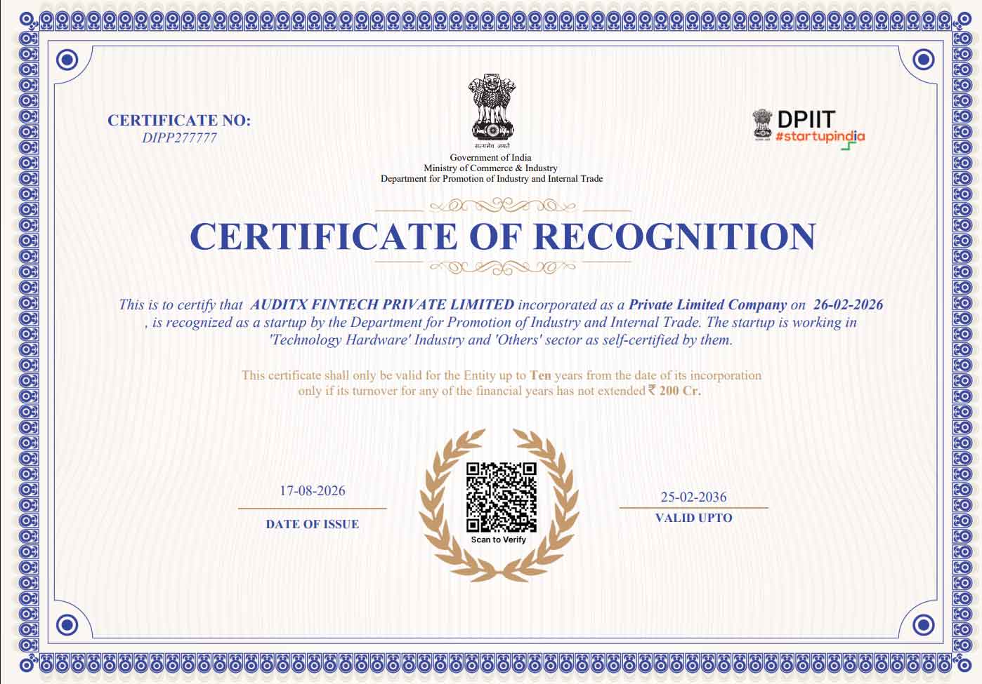 Placeholder Startup India recognition certificate — replace with the Company's actual DPIIT certificate